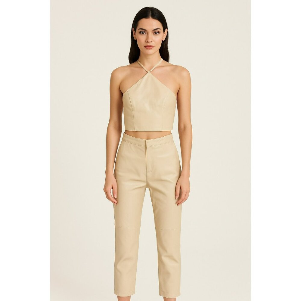 Hugo Buscati Collection Womens Cream Leather Halter Top & High-Waisted Pants Set